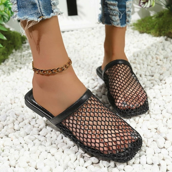 Viluyesy Womens Slide Sandals, Closed Toe Fishnet Woven Breathable Comfort Spring Summer Casual Flat Shoes Black 7.5