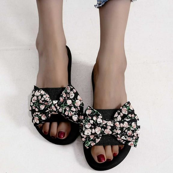 Viluyesy Womens Slide Sandals, Floral Bow Slip On Open Toe Summer Casual Flatform Slippers Black