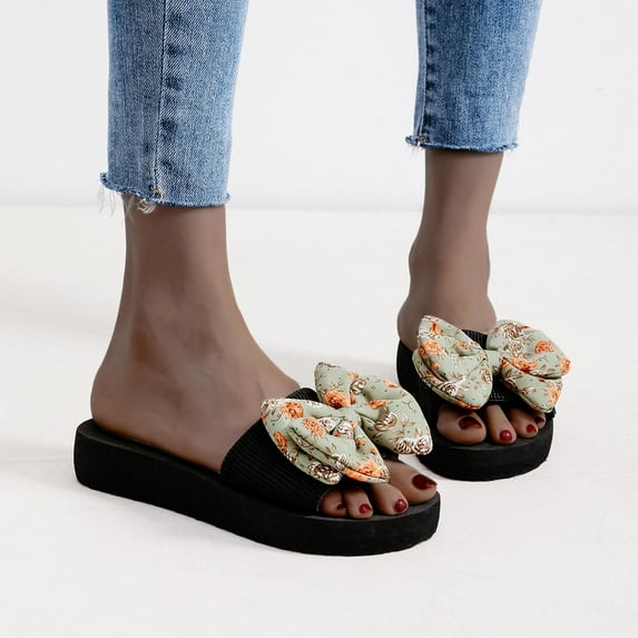 Viluyesy Womens Slide Sandals, Open Toe Floral Bow Slip On Casual Beach Flatform Slippers Green
