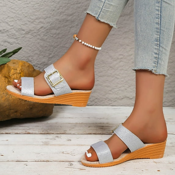 Viluyesy Womens Slide Sandals, Open Toe Wide Width Wedge Heels Slip-On Casual Fashion Shoes Silver US9.5