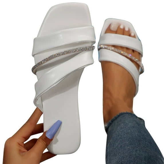 Viluyesy Womens Slide Sandals, Rhinestones Open Toe Slip On Casual Dressy Flat Slippers White