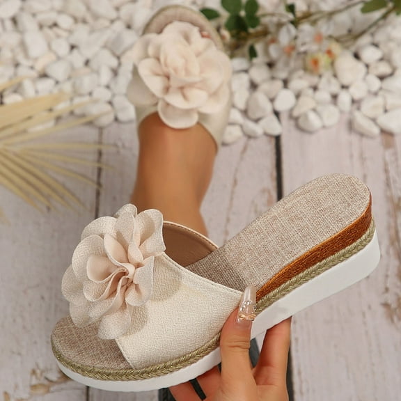 Viluyesy Womens Slide Sandals, Slip-On Cute Floral Open Toe Spring Summer Beach Wedge Shoes Beige 5.5