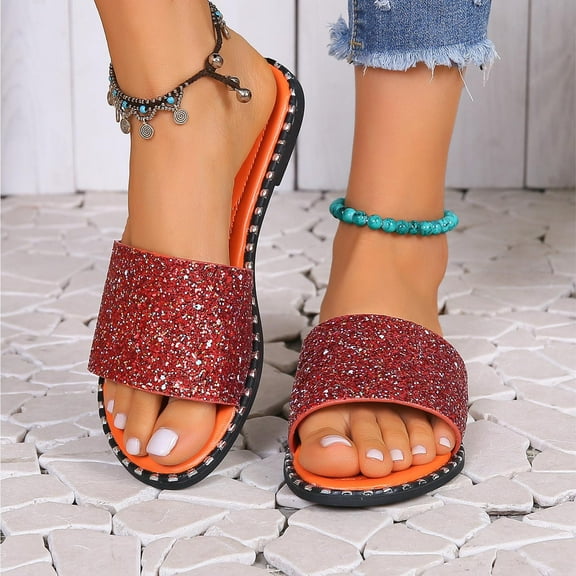 Viluyesy Womens Slide Sandals, Slip On Sequin Open Toe Summer Casual Flat Slippers Red