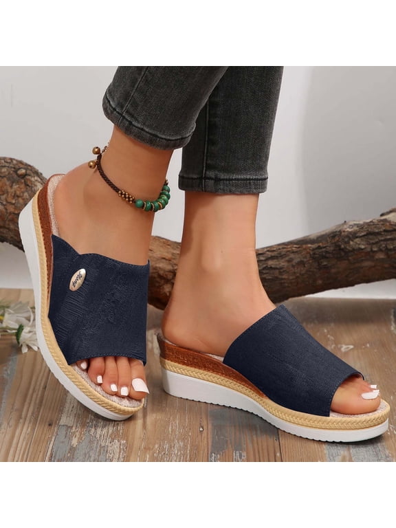 Womens Slide Sandals, Soft Sole Comfort Slingback Peep Toe Slip-On New Denim Espadrille Shoes Dark Blue 9