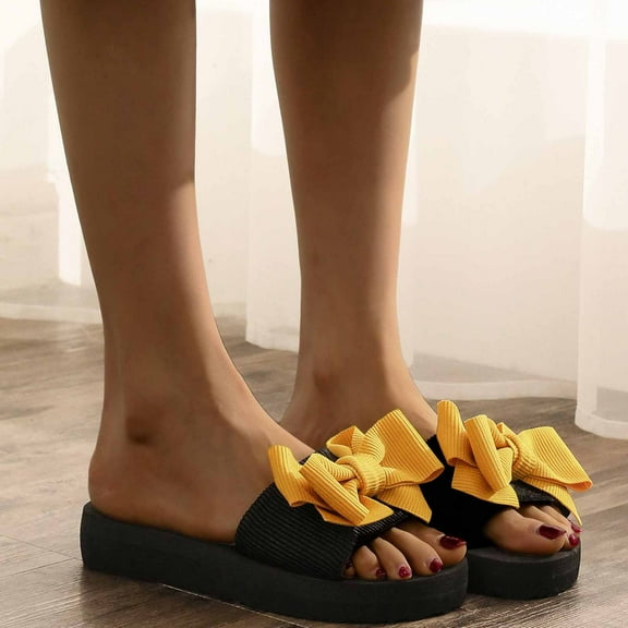 Viluyesy Womens Slide Sandals, Soft Sole Solid Bow Open Toe Summer Casual Flat Slippers Yellow