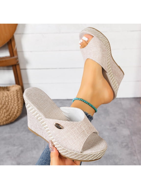 Womens Slide Sandals, Wide Width Comfortable Peep Toe Slip-On Espadrilles Wedge Shoes Beige US8.5