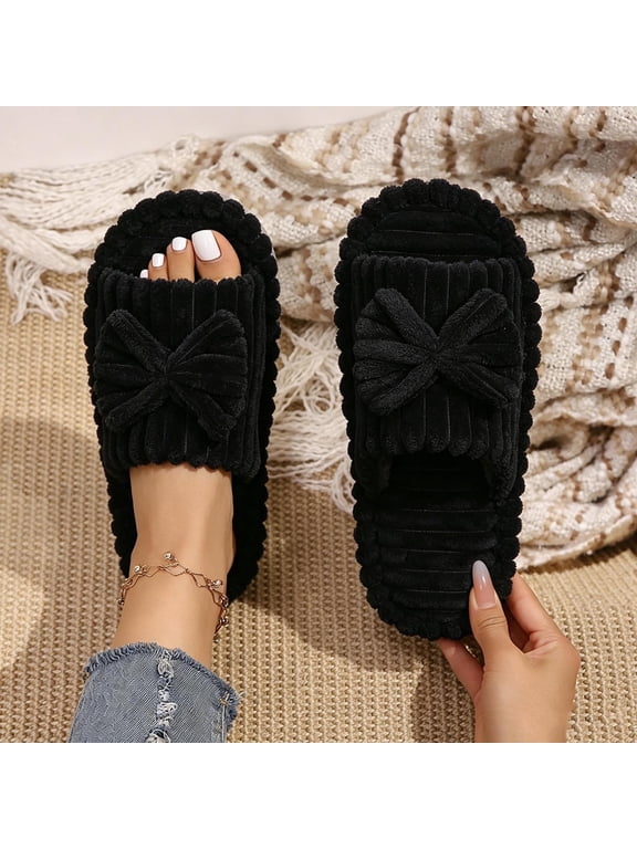 Womens Slide Slippers Bubble Trim Corduroy Bow Open Toe Fleece Lined Non Slip Warm House Slides Black Size 7.5