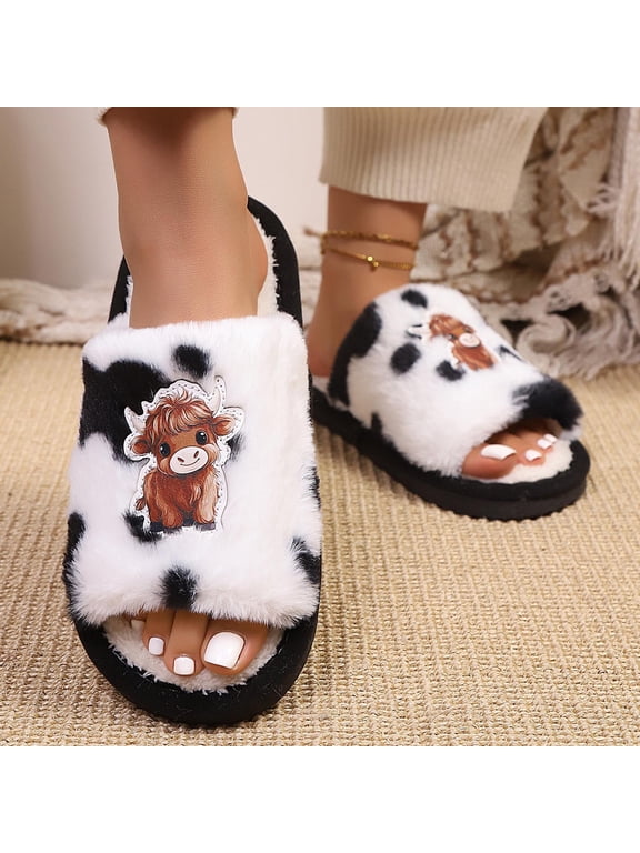Womens Slide Slippers Cow Print Highland Cow Cartoon Print Faux Fur Open Toe Non Slip Warm Cute House Slides Black Size 9