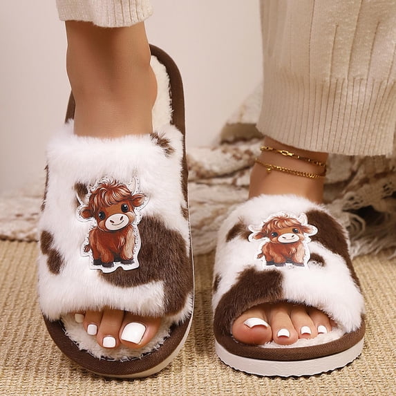 Viluyesy Womens Slide Slippers Cow Print Highland Cow Cartoon Print Faux Fur Open Toe Non Slip Warm Cute House Slides Coffee Size 7.5