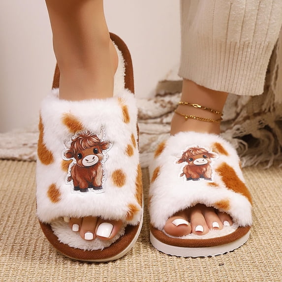 Viluyesy Womens Slide Slippers Cow Print Highland Cow Cartoon Print Faux Fur Open Toe Non Slip Warm Cute House Slides Orange Size 9