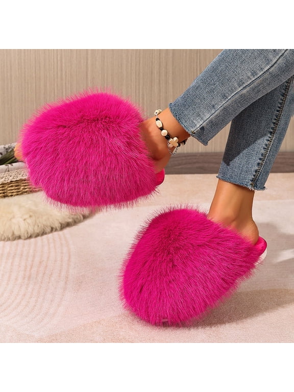 Womens Slide Slippers Full Coverage Open Toe Shaggy Faux Fur Slip On Cushioned Non Slip Warm Indoor House Shoes Fluffy Comfort Flat Slides Hot Pink Size 7.5-8.5