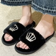 thumbnail image 1 of Viluyesy Womens Slide Slippers Fuzzy Plush Open Toe Slip On Cushioned Non Slip Warm Indoor House Shoes Soft Flat Cozy Slides Black Size 6.5-7, 1 of 5