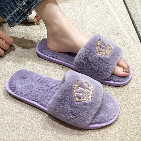 Viluyesy Womens Slide Slippers Fuzzy Plush Open Toe Slip On Cushioned Non Slip Warm Indoor House Shoes Soft Flat Cozy Slides Purple Size 7.5-8.5