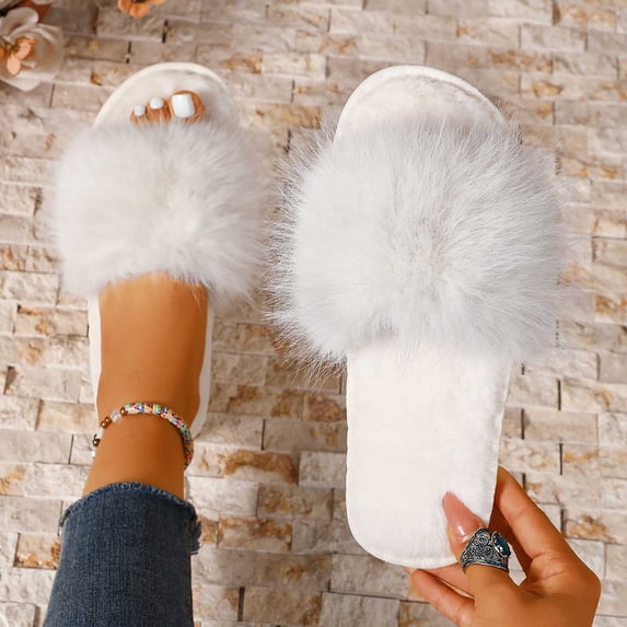 Viluyesy Womens Slide Slippers Open Toe Slip On Fluffy Faux Fur Memory Foam Cushioned Non Slip Warm Indoor House Shoes Soft Cozy Flat Slides White Size 6.5-7