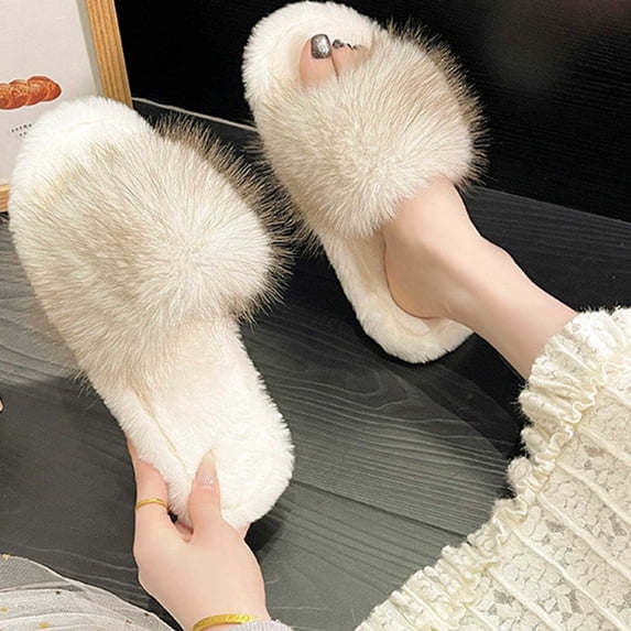 Viluyesy Womens Slide Slippers Open Toe Slip On Shaggy Faux Fur Cushioned Memory Foam Non Slip Warm Indoor House Shoes Soft Comfort Flat Slides Beige Size 5.5-6
