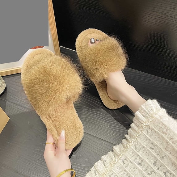 Viluyesy Womens Slide Slippers Open Toe Slip On Shaggy Faux Fur Cushioned Memory Foam Non Slip Warm Indoor House Shoes Soft Comfort Flat Slides Khaki Size 6.5-7