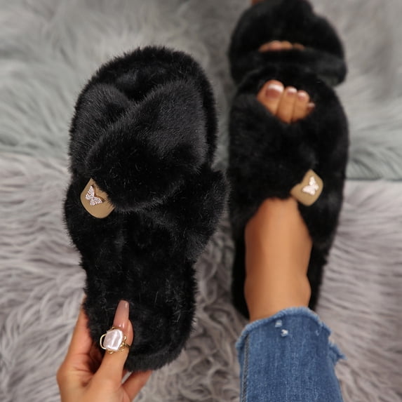 Viluyesy Womens Slide Slippers Rhinestone Open Toe Faux Fur Crisscross Strap Cushioned Non Slip Warm Slip On Indoor House Shoes Soft Comfort Slides Black Size 6.5-7