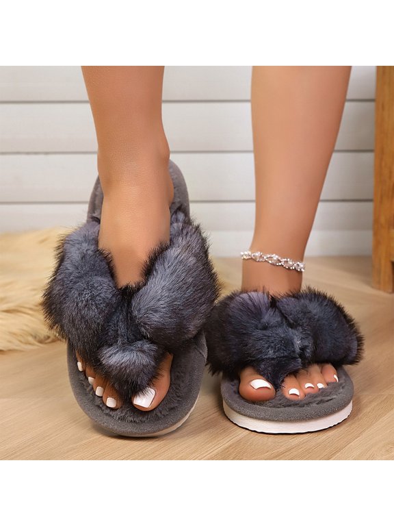 Womens Slide Slippers Shaggy Fur Crisscross Thong Open Toe Gradient Non Slip Warm Soft House Slides Blue Size 7-7.5