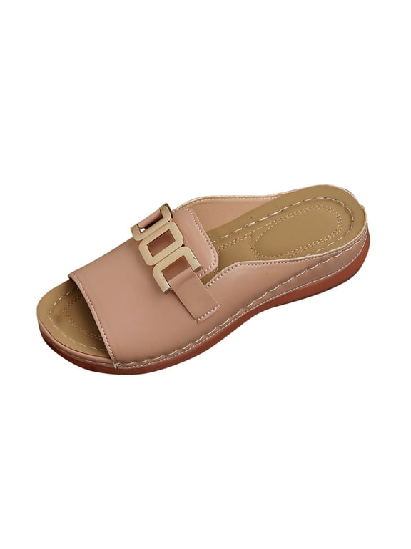 Womens Slide Wedge Sandals, Comfortable Peep Toe Arch Support Summer Casual Trendy Slip-On Shoes Brown US10