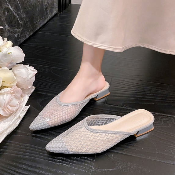 Viluyesy Womens Slingback Flats, Mesh Trendy Pointed Toe Slip-On Outdoor Slippers Ladies Slide Sandals Silver US7