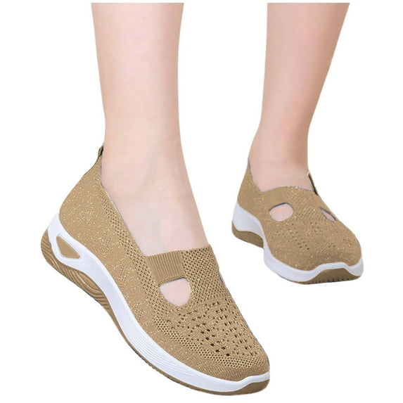 Viluyesy Womens Slip-On Sneaker, Soft Sole Lightweight Breathable Comfort Casual Flat Shoes Khaki US9.5