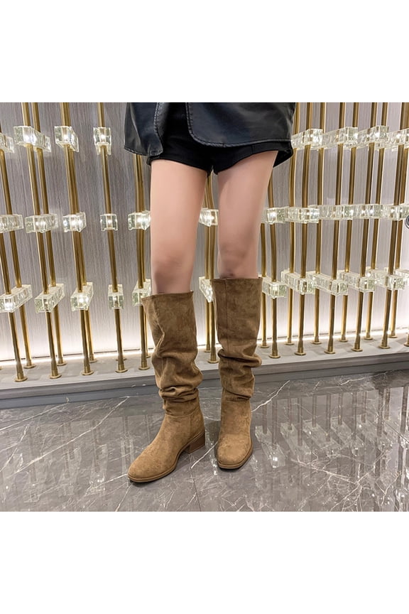 Womens Slouch Boots, Chunky Heels Knee High Wide Calf Pull-On Fall Winter Suede Tall Boots Khaki US8.5