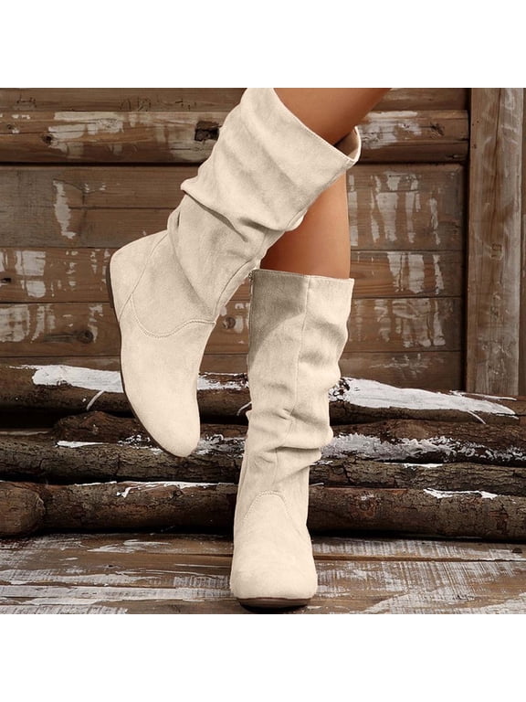 Womens Slouch Boots, Flat Heels Mid Wide Calf Zipper Ladies Fall Winter Fashion Boots Beige US8.5