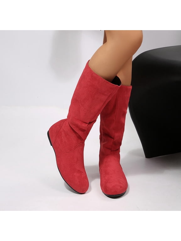 Womens Mid Calf Boots Round Toe Flat Heel Faux Suede Slouch Pull On Slip Resistant Casual Boots Red Size US8.5