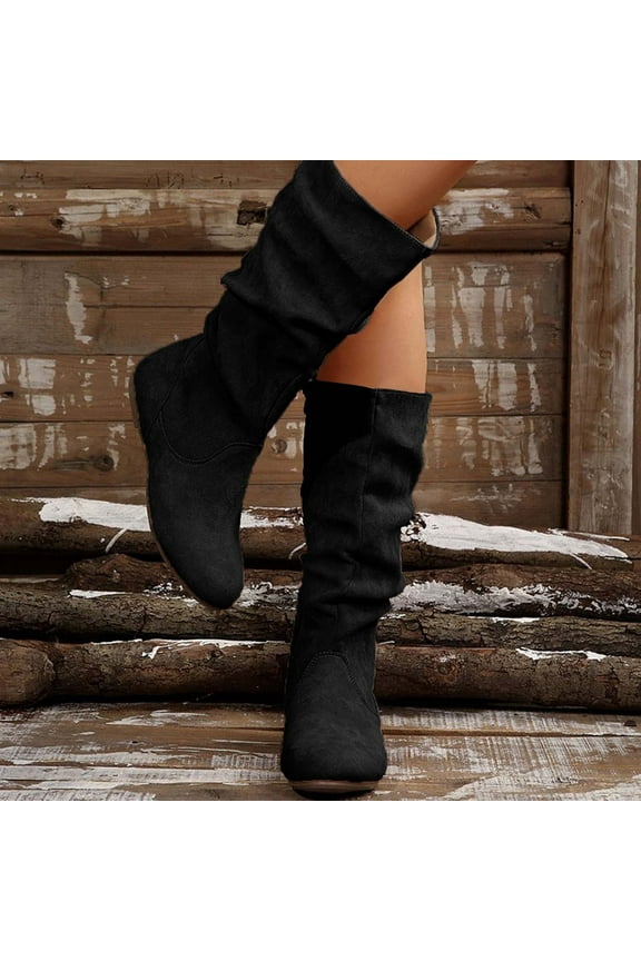 Viluyesy Womens Slouch Boots, Mid Wide Calf Flat Heels Zipper Ladies Fall Winter Fashion Boots Black US5.5