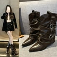 thumbnail image 1 of Viluyesy Womens Slouch Boots, Pointed Toe Low Heels Faux Leather Fashion British Style Mid-Calf Boots Brown US6, 1 of 9