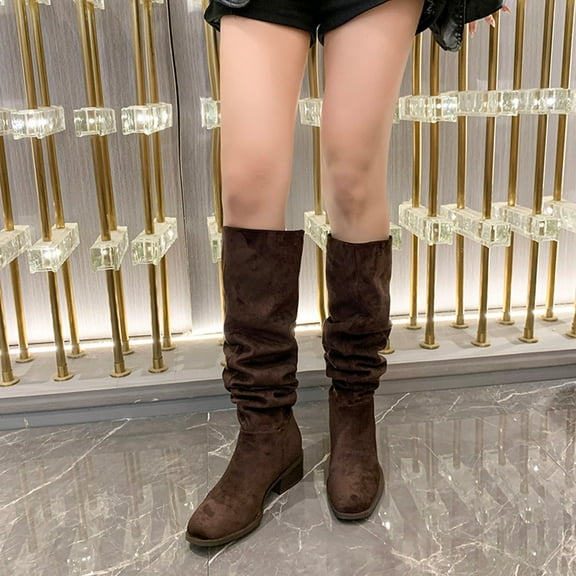 Viluyesy Womens Slouch Boots, Pull-On Knee High Wide Calf Chunky Heels Fall Winter Suede Tall Boots Brown US9