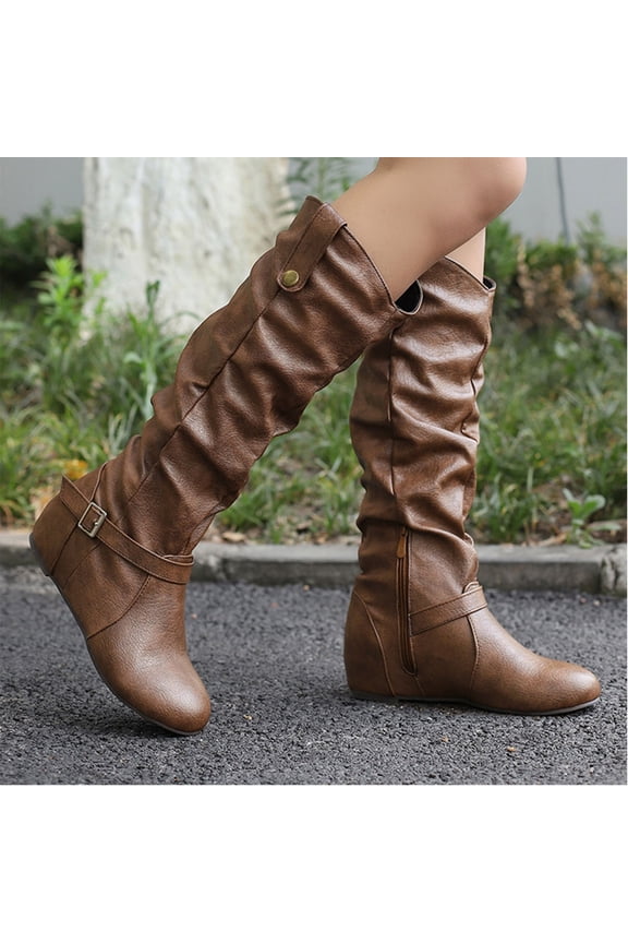 Womens Slouch Boots, Round Toe Half-Zipper Hidden Heel Fall Winter Fashion Knee High Boots Brown