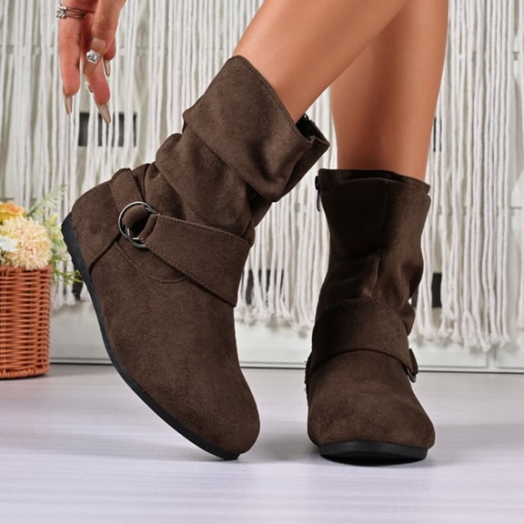 Viluyesy Womens Slouch Boots, Round Toe Low Heels Side Zipper Fall Winter Western Mid Calf Boots Brown US9