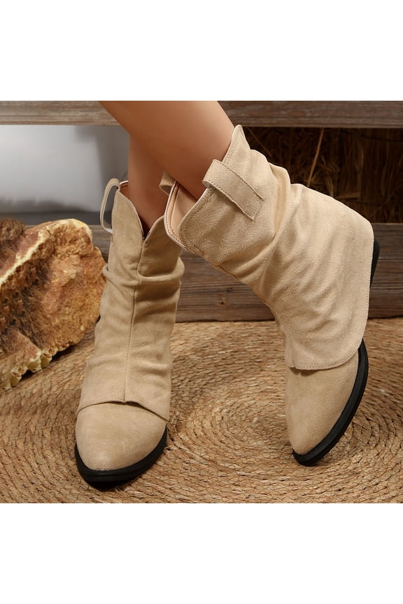 Womens Slouch Boots, Suede Leather Mid-Calf Pointed Toe Fashion Pull-On Flodover Boots Khaki