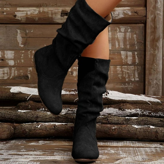 Viluyesy Womens Slouch Boots, Zipper Mid Wide Calf Flat Heels Ladies Fall Winter Fashion Boots Black US6