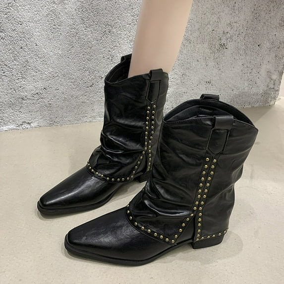 Viluyesy Womens Slouchy Boots, Low Chunky Heels Wide Calf Pointed Toe Fashion Mid Calf Western Boots Black