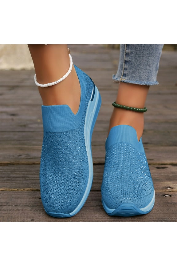 Womens Sneaker, Rhinestone Soft Sole Breathable Casual Breathable Slip-On Shoes Blue US6