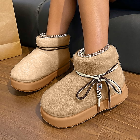 Viluyesy Womens Snow Boots Faux Fur Lined Platform Slip On Ankle Winter Boots Comfortable Plush for Outdoor Everyday Wear Khaki Size 7-7.5