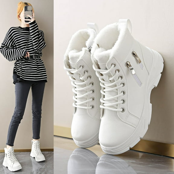 Viluyesy Womens Snow Boots, Lace Up Mid Calf Anti-Slip Thick Sole Faux Fur Lined Winter Waterpoof Moto Boots White US8.5