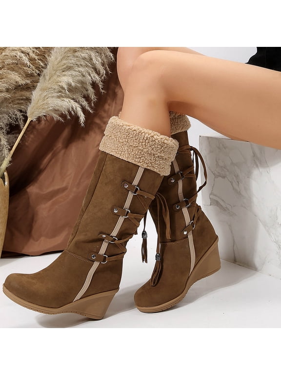 Womens Snow Boots, Lace Up Round Toe Wedge Heels Winter Fleece Warm Knee High Boots Khaki US9