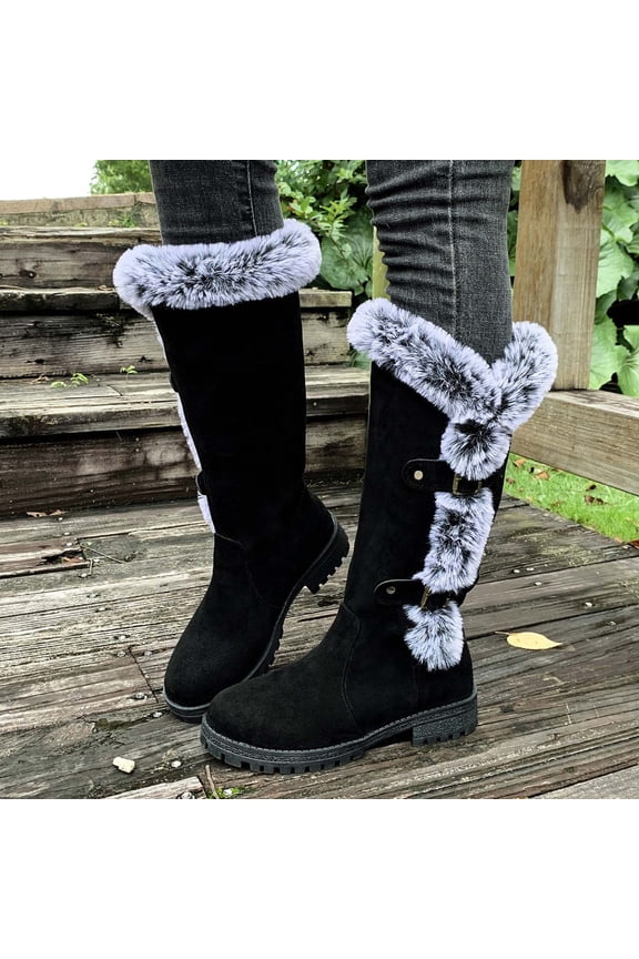 Womens Snow Boots, Low Heels Thicken Warm Suede Leather Winter Faux Fur Lined Knee High Boots Black US5.5