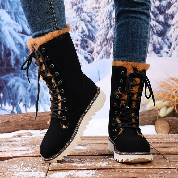 Viluyesy Womens Snow Boots, Mid Calf Lace Up Anti-Slip Thick Sole Winter Suede Faux Fur Lined Outdoor Boots Black US9.5