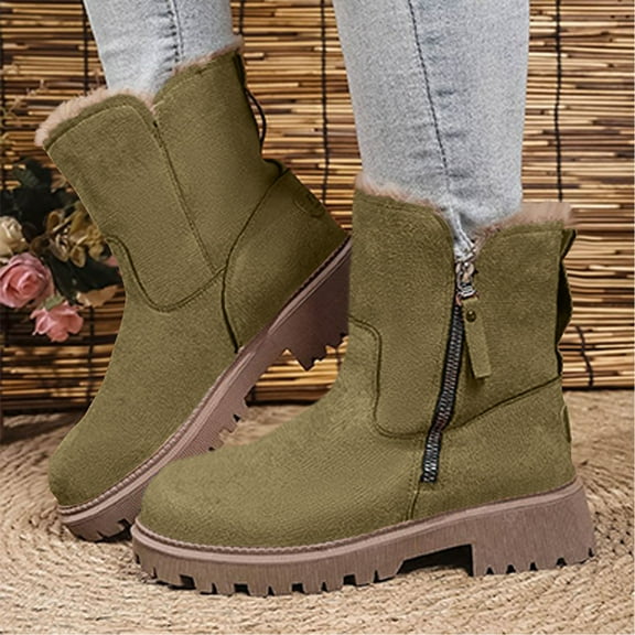 Viluyesy Womens Snow Boots, Side Zipper Round Toe Thick Sole Winter Warm Mid Calf Boots Green