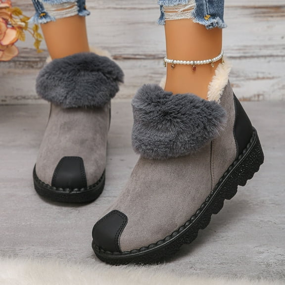 Viluyesy Womens Snow Boots, Slip On Wedge Heels Anti-Slip Faux Fur Lined Winter Warm Fashion Suede Boots Gray US6.5