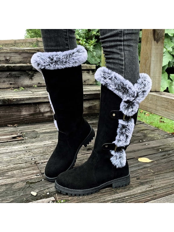 Womens Snow Boots, Suede Leather Thicken Warm Low Heels Winter Faux Fur Lined Knee High Boots Black US8.5