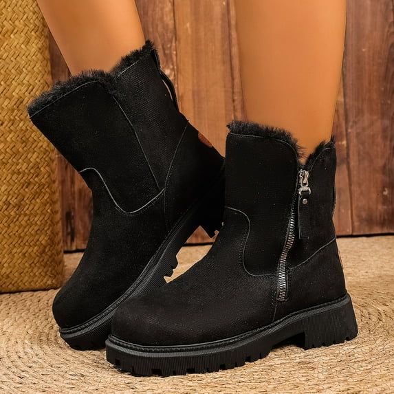 Viluyesy Womens Snow Boots, Thick Sole Round Toe Side Zipper Winter Warm Mid Calf Boots Black