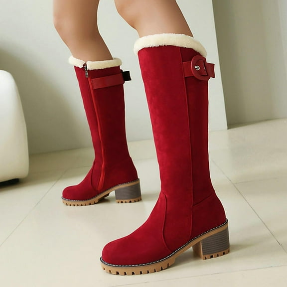 Viluyesy Womens Snow Knee High Boots, Chunky Heels Round Toe Side Zipper Winter Fleece Lined Warm Tall Boots Red US9