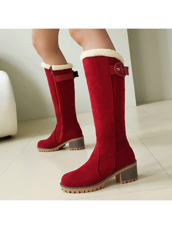 Womens Snow Knee High Boots, Chunky Heels Round Toe Side Zipper Winter Fleece Lined Warm Tall Boots Red US9