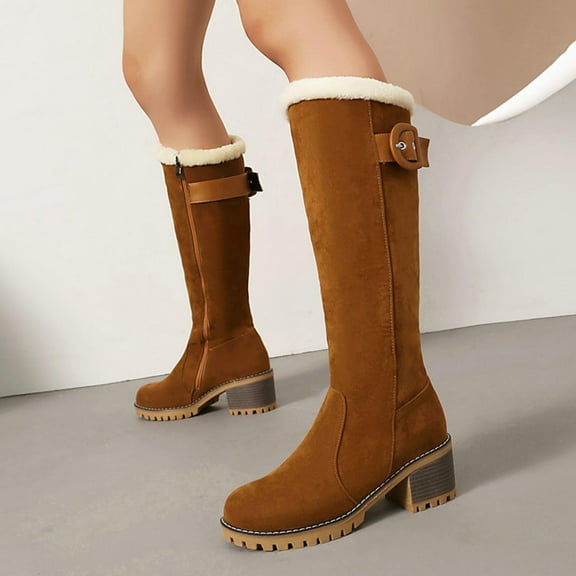 Viluyesy Womens Snow Knee High Boots, Side Zipper Chunky Heels Round Toe Winter Fleece Lined Warm Tall Boots Khaki US9