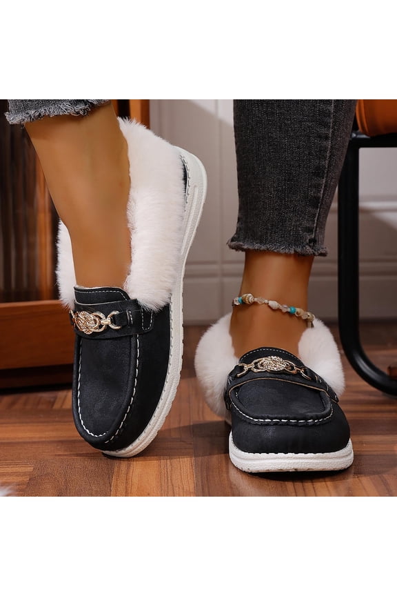 Womens Snow Loafers, Furry Collar Faux Fur Fleece Lined Soft Sole Winter Keep Warm Suede Shoes Dark Gray US9